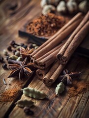 Wall Mural - A close-up of various spices for tea, including cinnamon sticks, cardamom pods, cloves, and star anise, arranged on a rustic wooden tabletop. Generative AI