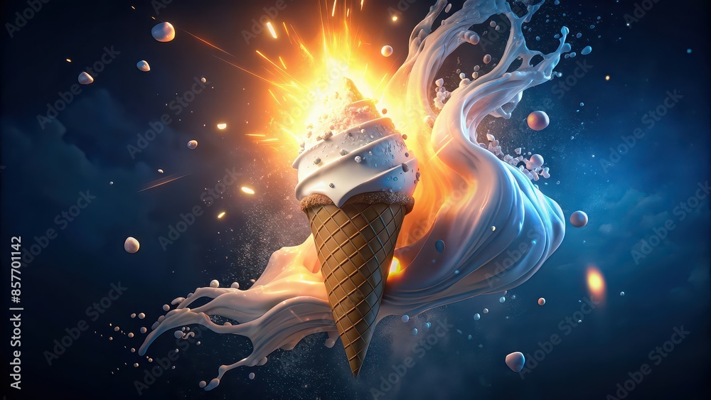 Ice Cream Isploding Ice cream cone with exploding milk splash background banner, ice cream ...