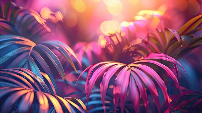 Abstract neon tropical leaves with vibrant colors and bokeh lights, perfect for modern art and design projects