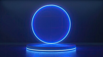 Wall Mural - Minimalistic podium stage with a blue circular neon light, ideal for tech events and modern presentations