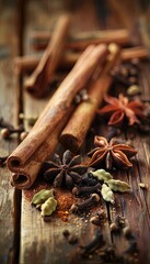 Poster - A close-up image of cinnamon sticks, star anise, cardamom pods, and cloves arranged on a rustic wooden surface. Generative AI