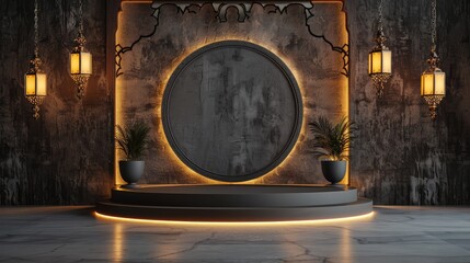 Luxurious dark podium stage with circular backdrop and ornate hanging lanterns for islamic events