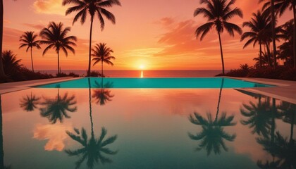 Wall Mural - Create a high-definition image of an infinity pool merging seamlessly with the ocean, under a vibrant sunset sky, framed by gently swaying palm trees.