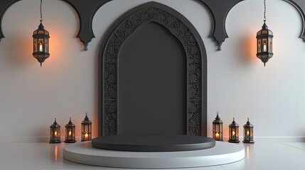 Wall Mural - Elegant monochromatic stage with intricate black arches and hanging lanterns, for islamic , arabic event