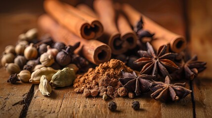 A close-up image of various spices arranged on a wooden surface, including cinnamon sticks, cardamom pods, cloves, and star anise. Generative AI