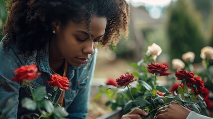 Young woman tending to a rose garden