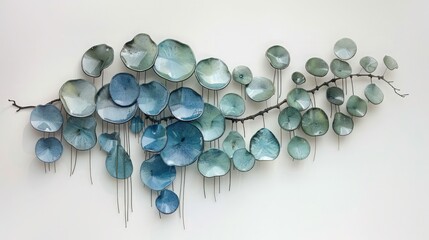 Wall Mural - A wall display featuring a cascade of thin, delicate ceramic discs in a gradient of blues and greens, arranged to mimic the flow of water