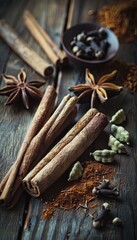 Poster - A close-up shot of various spices, including cinnamon sticks, cardamom pods, cloves, and star anise, arranged on a rustic wooden surface. Generative AI