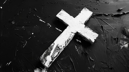 A black and white photograph of a cross on a wall.