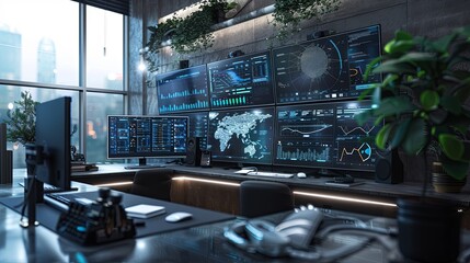 Leinwandbilder - A modern marketers office with multiple screens displaying AI algorithms analyzing user behavior and optimizing ad campaigns. Generative AI