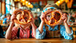 © Gubina - Two children have fun and goof around with large Bavarian pretzels during Oktoberfest celebrations in Germany. Hyper-realistic photo, high quality.
