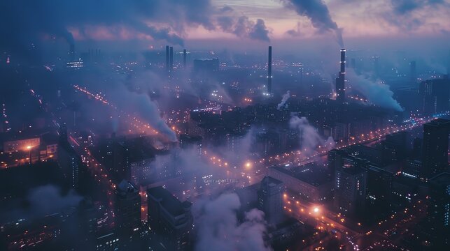 Early dawn aerial view of a cityscape with industrial smoke contributing to atmospheric pollution