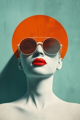 Modern artistic portrait of a woman with bold red lips, sunglasses, and orange halo on a teal background, evoking a futuristic aesthetic.