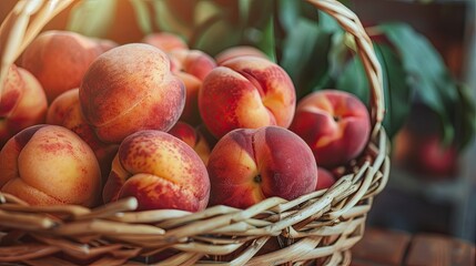 Wall Mural - Close-up of ripe peaches in a woven basket, ideal for summer fruit promotions