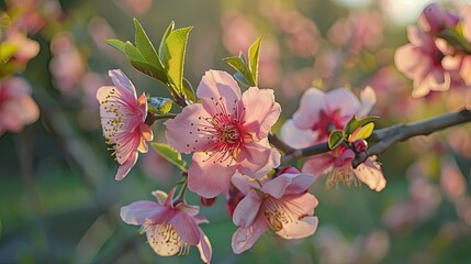 Wall Mural - Peach blossoms in a sunny garden, highlighting the natural beauty of spring blooms.
