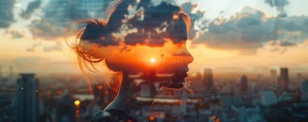 Poster - against the backdrop of a sprawling city skyline, a double exposure reveals the silhouette of a pers