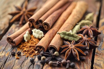 Poster - A close-up of various spices, including cinnamon sticks, cardamom pods, cloves, and star anise, arranged on a rustic wooden surface. Generative AI