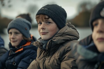 Wall Mural - Portrait of a boy in a knitted hat and jacket.