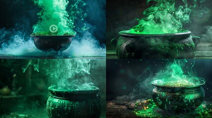 Wall Mural - A bubbling cauldron with green smoke and spooky lighting.