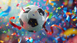 © jiejie - Soccer ball on football field with confetti and ribbons