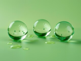 Wall Mural - Three clear glass spheres with green liquid on the ground