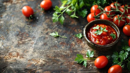 A rustic wooden table hosts a bowl of rich tomato ketchup, surrounded by fresh tomatoes and vibrant parsley leaves. The composition offers ample copyspace, ideal for culinary themes and restaurant