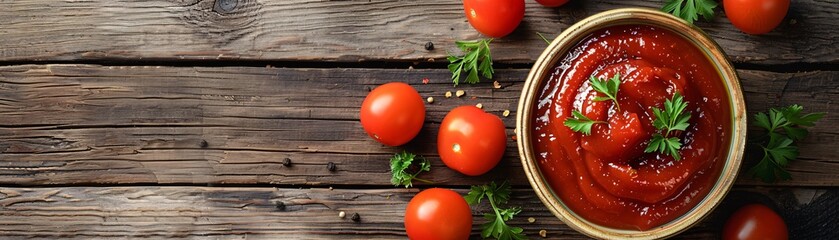 Wall Mural - A wooden table serves as the backdrop for a bowl of tomato ketchup, accented with whole tomatoes and fresh parsley. The simple yet inviting composition offers generous copyspace, suitable for food