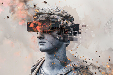 Male portrait of greek statue with virtual reality glasses on gray background.