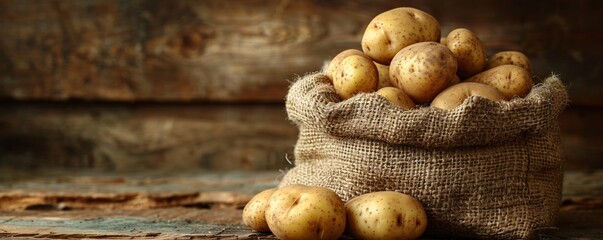 Against a weathered wooden backdrop, a mound of raw potatoes fills an aged burlap sack, showcasing the freshness and abundance of the harvest. The simple composition offers copyspace, making it ideal