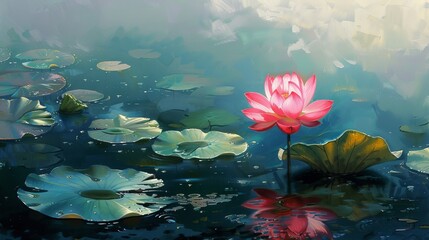 Wall Mural - Serene Lotus Flower Blooming in Tranquil Pond with Lush Green Foliage