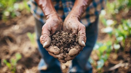 A close-up photo of a farmer's hands holding a handful of fertile soil, symbolizing the importance of sustainable agriculture and its connection to sustainable finance.