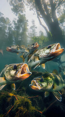 Wall Mural - wide-angle view, you can see five largemouth bass under the lake in twilight, UHD, 8K,