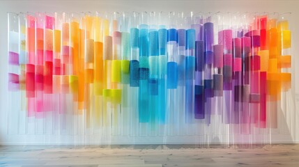 Wall Mural - Wall-mounted installation of transparent acrylic tubes filled with multicolored sand, arranged to form a pixelated pattern