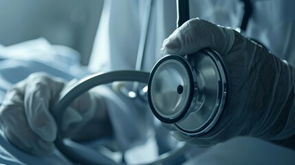 Wall Mural - Patient care by a medic using a stethoscope in a hospital setting, emphasizing health care, highly detailed photograph, ultra-sharp and clear