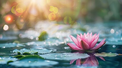 Pink lotus flower floating in serene water under golden sunshine