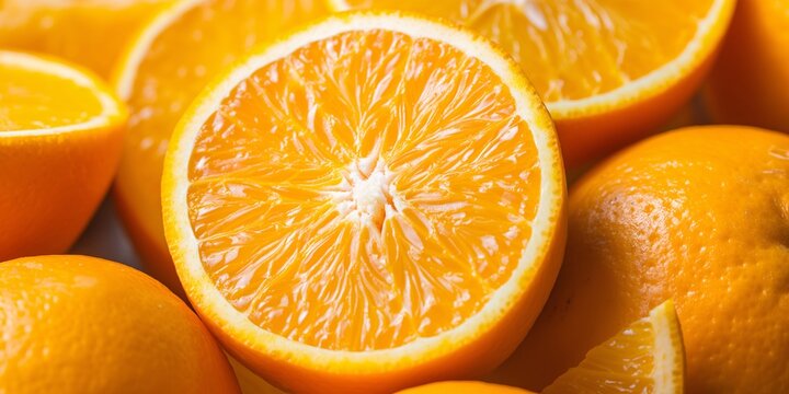 Close-up of a halved orange, displaying its juicy segments.