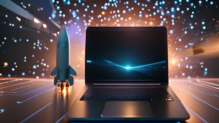 Poster - laptop and rocket on a digital background generative ai