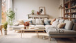 © Naqash - The exquisite living room with its comfy carpet, mid-century furniture, white walls, and indoor plants epitomizes modern Scandinavian home interior design