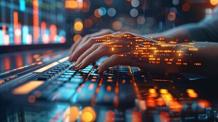 Poster - Hands of a person typing on a keyboard, with a digital overlay displaying the year 2025 and real-time financial data. The futuristic interface blends technology and finance, offering copyspace for