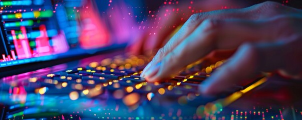 Poster - a close-up view of hands typing on a sleek keyboard, overlaid with a digital display showing the yea