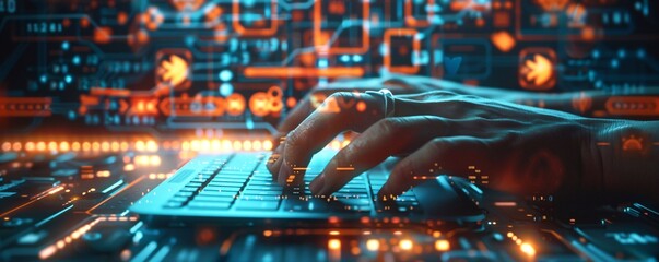 Poster - a close-up view of hands typing on a sleek keyboard, overlaid with a digital display showing the yea