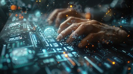 Poster - Hands of a person typing on a keyboard, with a digital overlay displaying the year 2025 and real-time financial data. The futuristic interface blends technology and finance, offering copyspace for