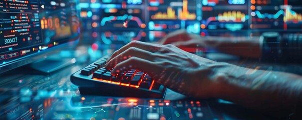 Poster - a close-up view of hands typing on a sleek keyboard, overlaid with a digital display showing the yea