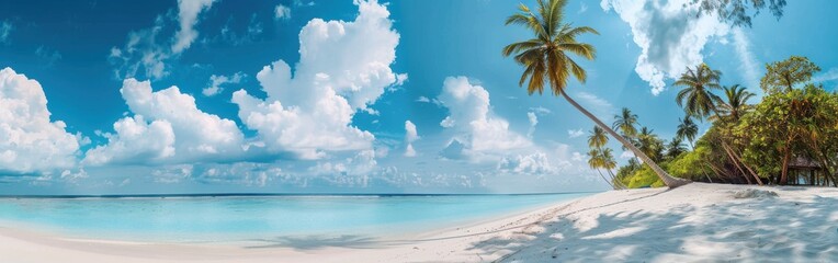 Wall Mural - Tropical Beach Paradise With Palm Trees and Blue Sky in the Maldives