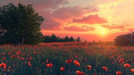 Wall Mural - Vibrant Sunset Illuminating a Vast Poppy Field with Brilliant Red Blossoms