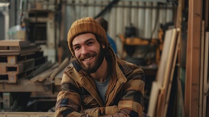 Wall Mural - Portrait of carpenter handsome man smiling at factory. copy space for text.