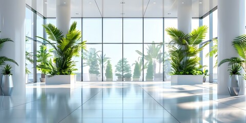 Wall Mural - Sleek office lobby with blank rollup display stands indoor plants and natural light. Concept Office Decor, Rollup Displays, Indoor Plants, Natural Light, Sleek Lobby