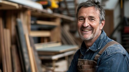 Wall Mural - Portrait of carpenter handsome man smiling at factory. copy space for text.