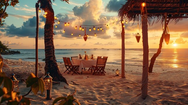 Private romantic dinner setup on the beach with sunset. copy space for text.
