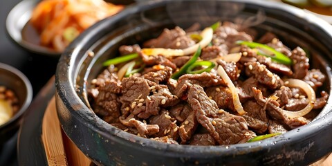 Canvas Print - Sizzling bulgogi beef plate with kimchi stew in traditional pot. Concept Korean Cuisine, Bulgogi Beef, Kimchi Stew, Traditional Cooking, Delicious Food